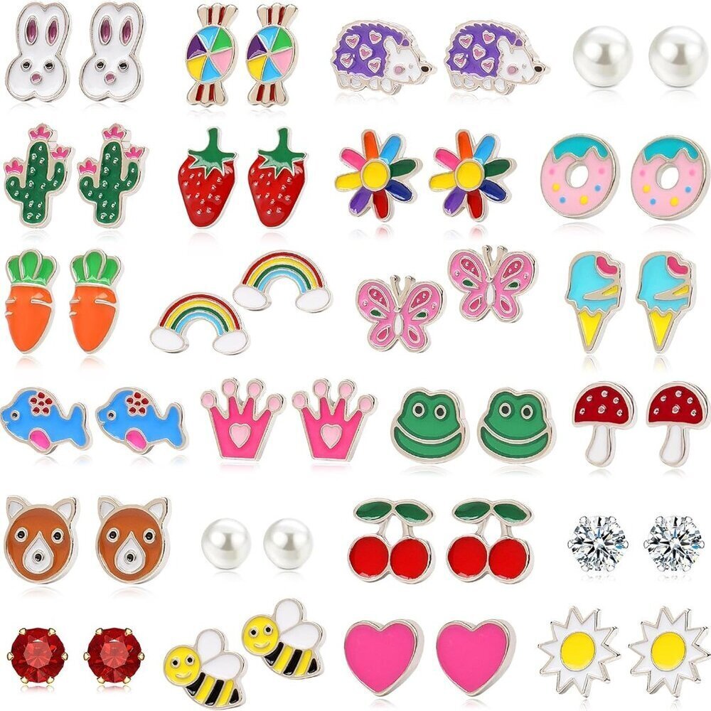 24 Pairs Hypoallergenic Kids Girls Stud Earrings with Mushrooms, Butterflies, Ra